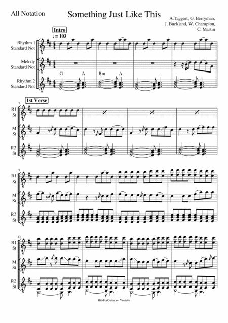 Something Just Like This By The Chainsmokers Colplay Arranged For 3 Guitars Rhythm Melody Rhythm 2 Standard Notation Sheet Music