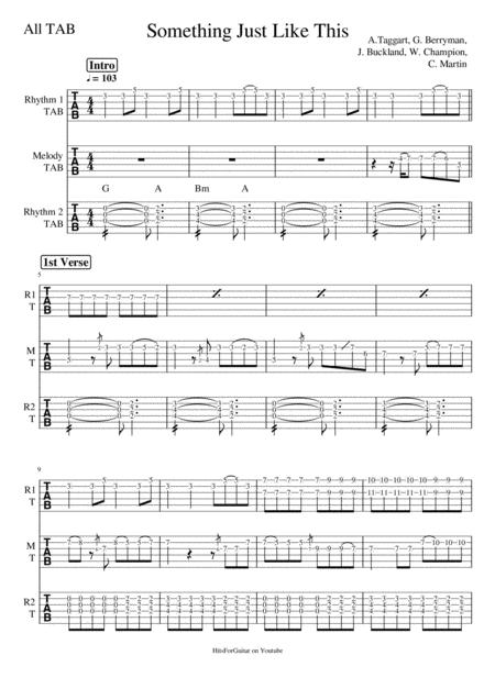 Something Just Like This By The Chainsmokers Colplay Arranged For 3 Guitars Rhythm Melody Rhythm 2 Tab Sheet Music