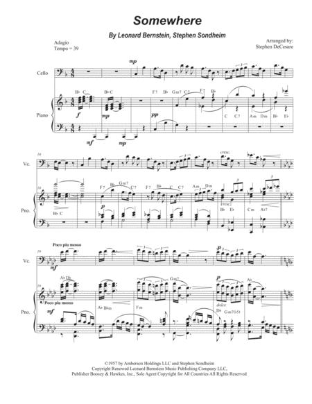 Free Sheet Music Somewhere Cello Solo And Piano