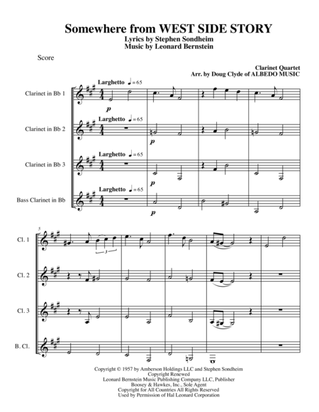 Free Sheet Music Somewhere From West Side Story For Clarinet Quartet