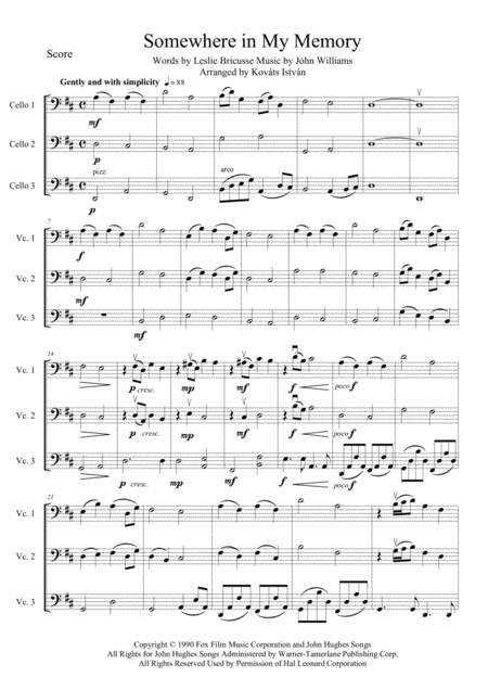 Free Sheet Music Somewhere In My Memory For Cello Trio