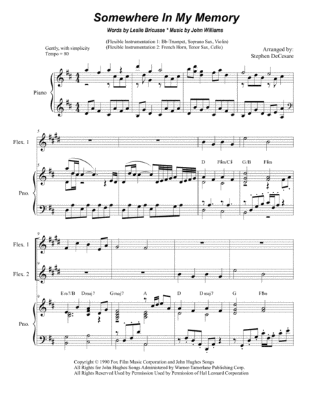 Free Sheet Music Somewhere In My Memory For Flexible Instrumentation
