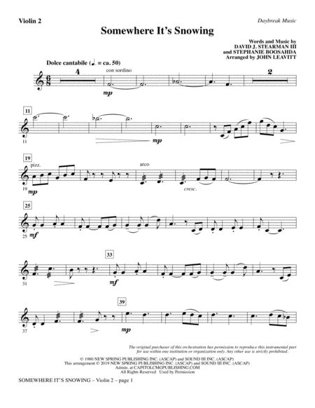 Free Sheet Music Somewhere Its Snowing Arr John Leavitt Violin 2