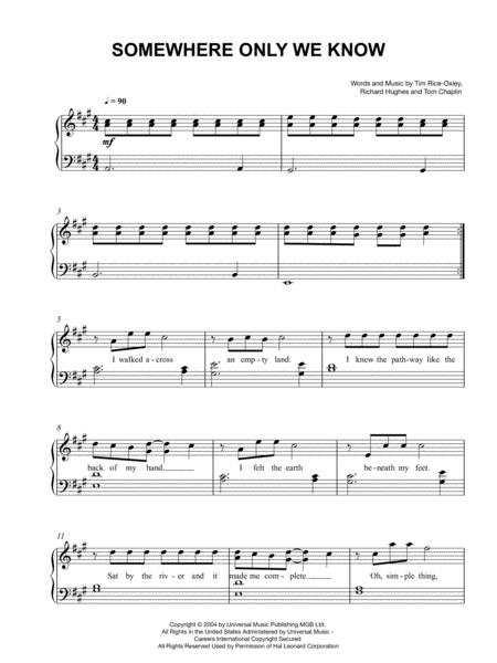 Somewhere Only We Know For Easy Piano Solo Sheet Music