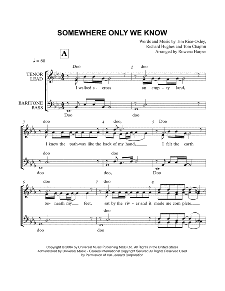 Somewhere Only We Know Quartet Sheet Music