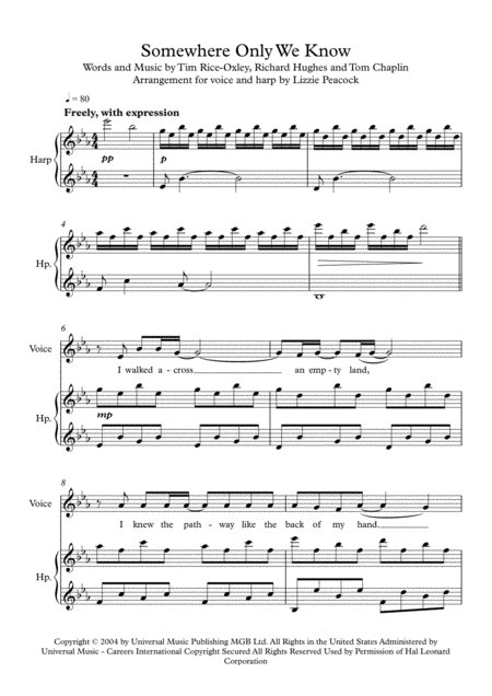 Somewhere Only We Know Voice And Pedal Harp Sheet Music