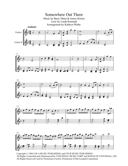 Free Sheet Music Somewhere Out There From An American Tale For Two Violins