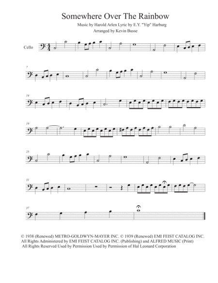 Somewhere Over The Rainbow Easy Key Of C Cello Sheet Music