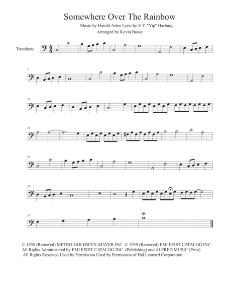 Somewhere Over The Rainbow Easy Key Of C Trombone Sheet Music