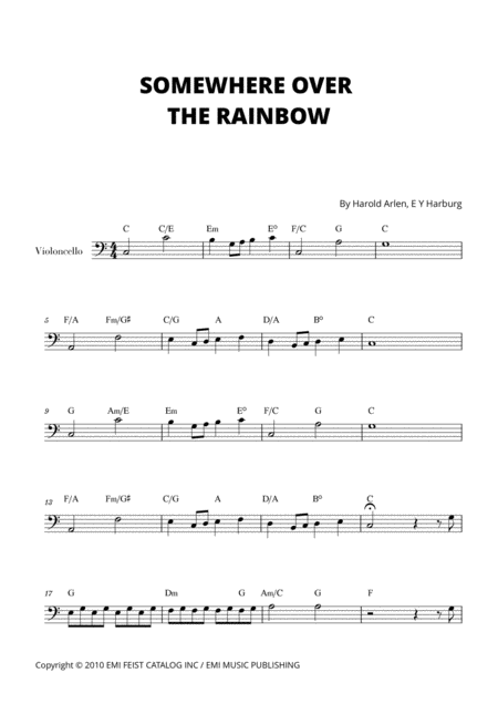 Somewhere Over The Rainbow For Cello C Major Sheet Music