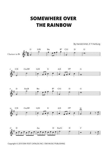 Free Sheet Music Somewhere Over The Rainbow For Clarinet In Bb