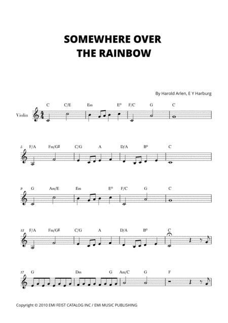 Somewhere Over The Rainbow For Violin C Major Sheet Music