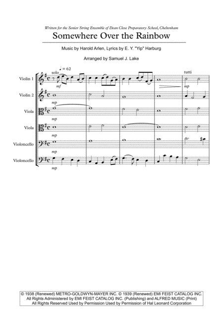 Somewhere Over The Rainbow From The Wizard Of Oz For String Sextet Sheet Music