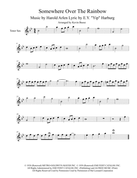 Somewhere Over The Rainbow Original Key Tenor Sax Sheet Music