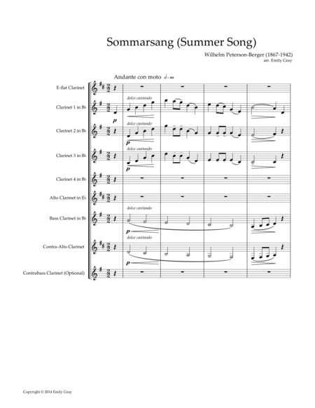 Free Sheet Music Sommarsang Summer Song For Clarinet Choir Score