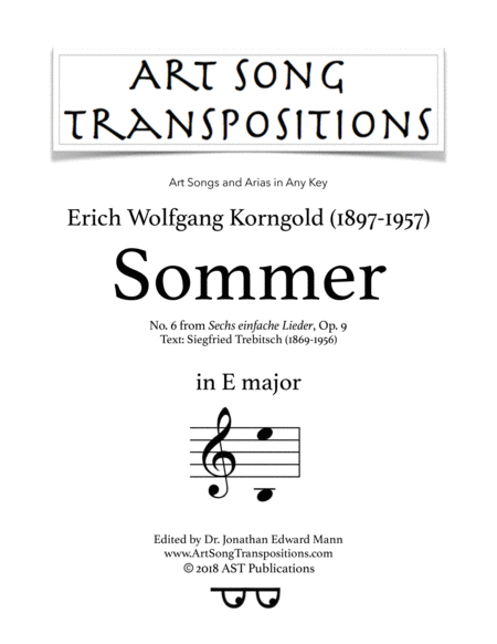 Sommer Op 9 No 6 E Major Sheet Music