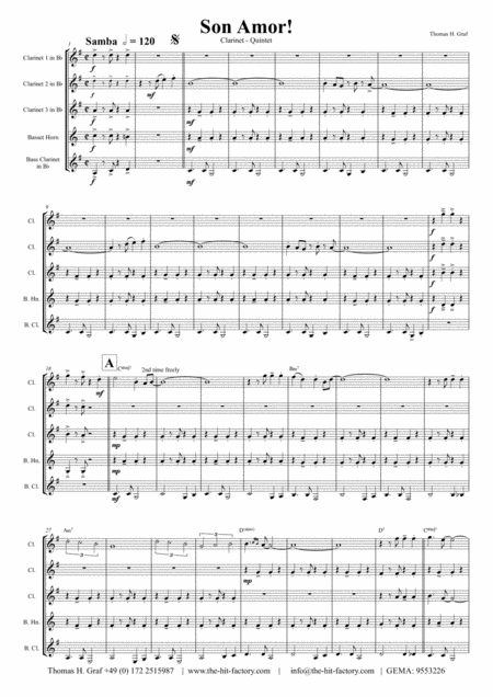 Son Amor Samba Clarinet Quintet Sheet Music