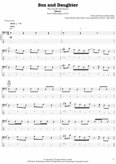 Son And Daughter Queen John Deacon Complete And Accurate Bass Transcription Whit Tab Sheet Music