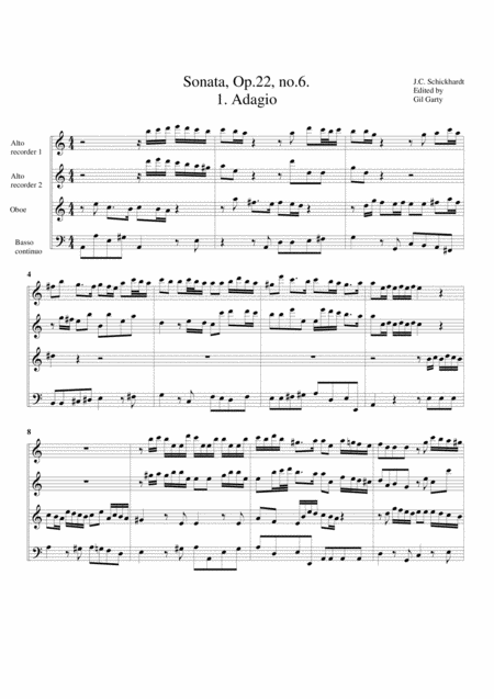 Sonata For 2 Alto Recorders Oboe And Basso Continuo Opus 22 No 6 A Minor Sheet Music