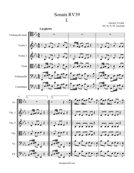 Sonata For Cello Rv39 Movement I Sheet Music