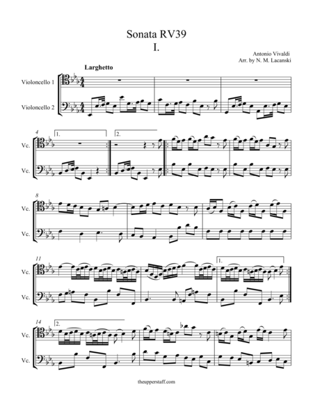 Free Sheet Music Sonata For Two Celli In E Flat Rv39 Movement I
