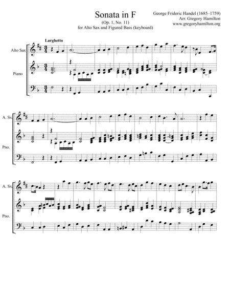 Sonata In F By George Frideric Handel Arranged For Alto Sax And Piano Sheet Music