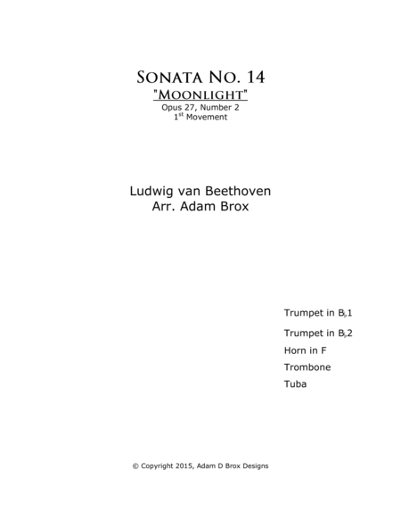 Sonata No 14 Moonlight Opus 27 Number 2 1st Movement For Brass Quintet Sheet Music