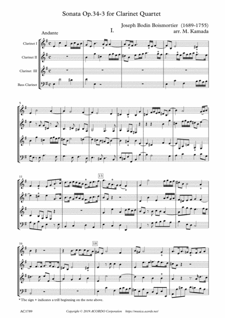 Sonata Op 34 3 For Clarinet Quartet Sheet Music