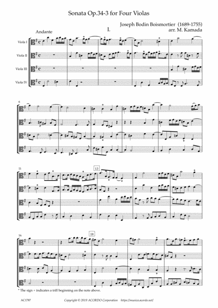 Sonata Op 34 3 For Four Violas Sheet Music