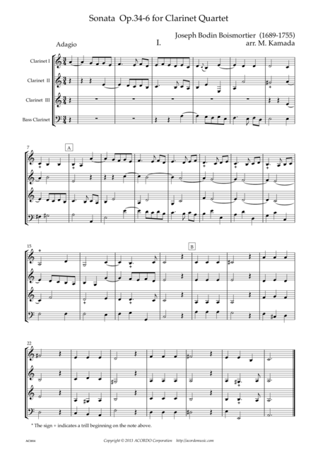 Sonata Op 34 6 For Clarinet Quartet Sheet Music