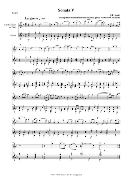 Sonata V For Flute Or Alto Recorder And Guitar Sheet Music