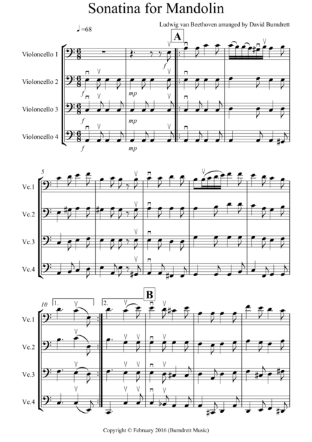 Sonatina By Beethoven For Cello Quartet Sheet Music