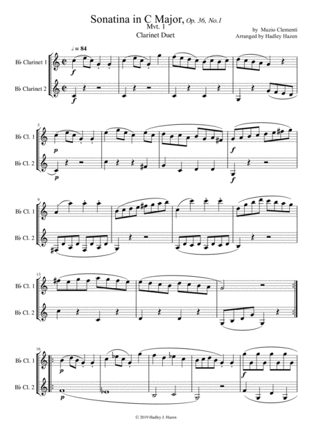 Sonatina In C Major Op 36 No 1 For Clarinet Duet Sheet Music