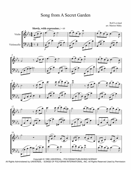 Song From A Secret Garden Arranged For Violin Cello Duet Sheet Music