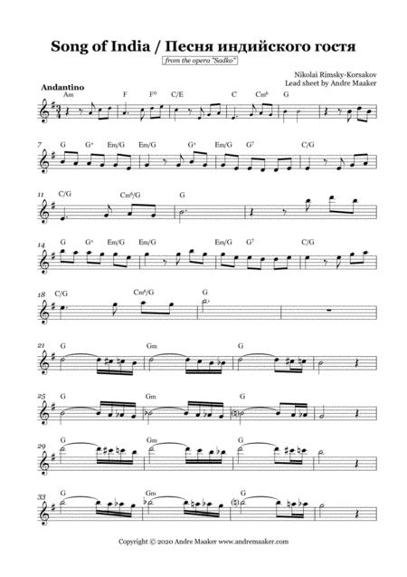 Song Of India N Rimsky Korsakov Lead Sheet Melody Chord Symbols Sheet Music