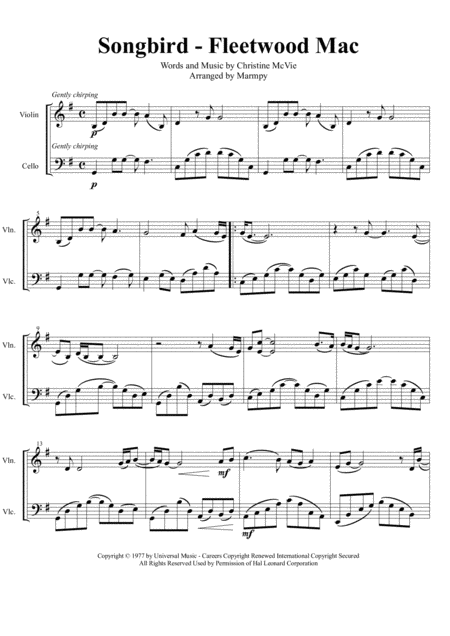 Songbird Fleetwood Mac Arranged For String Duet Sheet Music