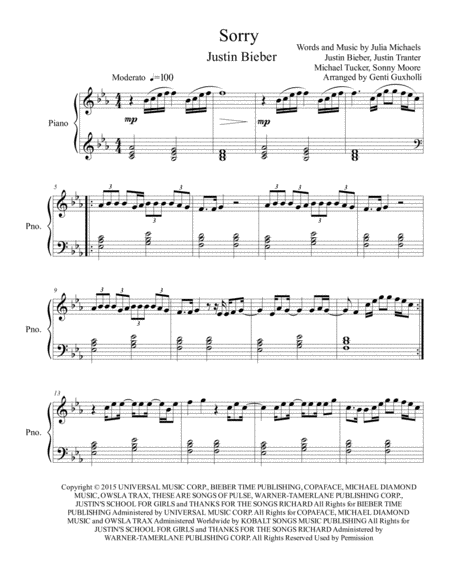 Sorry Easy Piano Sheet Music