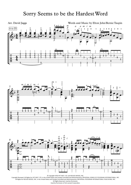 Free Sheet Music Sorry Seems To Be The Hardest Word Including Tablature