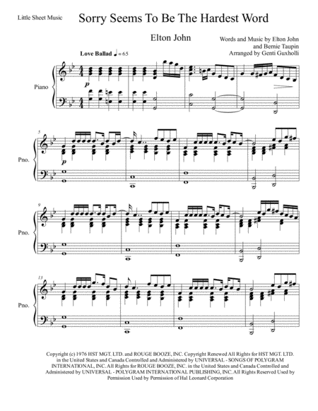 Sorry Seems To Be The Hardest Word Piano Solo Sheet Music