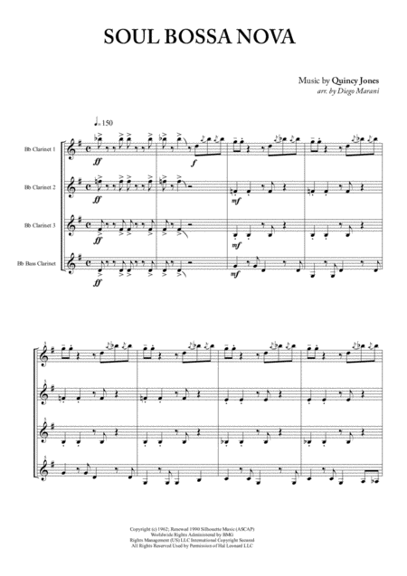 Soul Bossa Nova For Clarinet Quartet Sheet Music