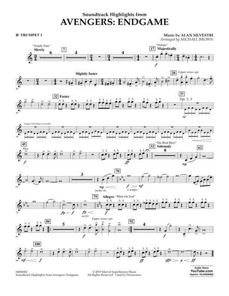 Soundtrack Highlights From Avengers Endgame Arr Michael Brown Bb Trumpet 1 Sheet Music