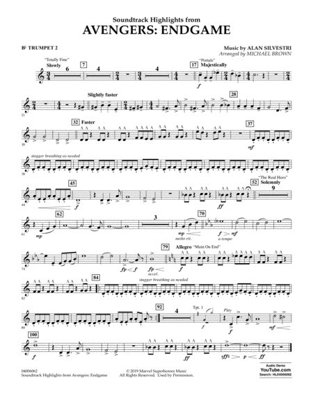 Soundtrack Highlights From Avengers Endgame Arr Michael Brown Bb Trumpet 2 Sheet Music