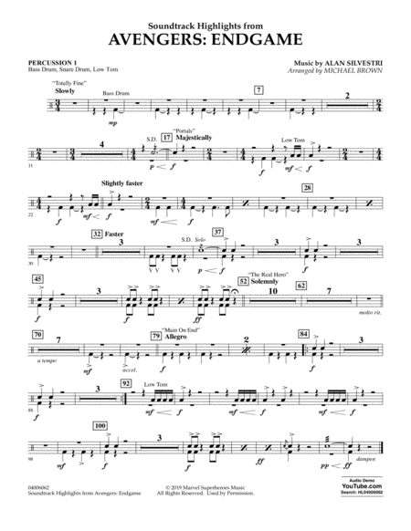 Free Sheet Music Soundtrack Highlights From Avengers Endgame Arr Michael Brown Percussion 1