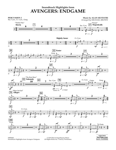 Free Sheet Music Soundtrack Highlights From Avengers Endgame Arr Michael Brown Percussion 2