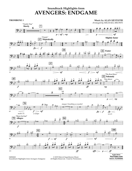 Soundtrack Highlights From Avengers Endgame Arr Michael Brown Trombone 1 Sheet Music