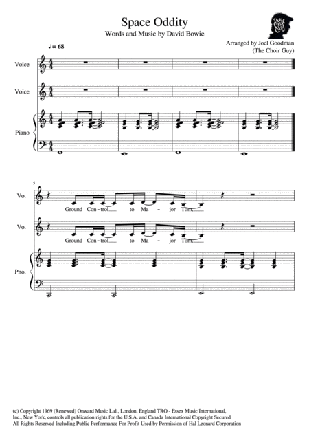 Free Sheet Music Space Oddity Vocal Duet