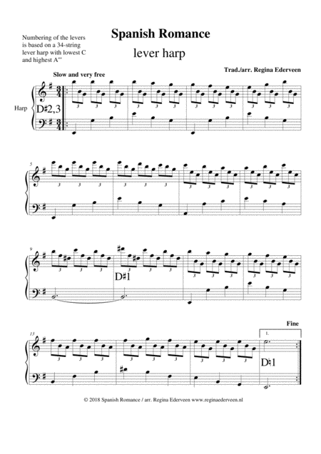 Spanish Romance Lever Harp Solo Sheet Music