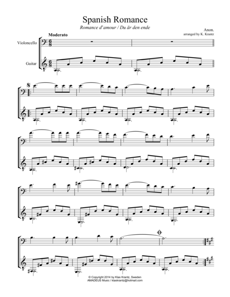 Spanish Romance Romanza For Cello And Easy Guitar Sheet Music