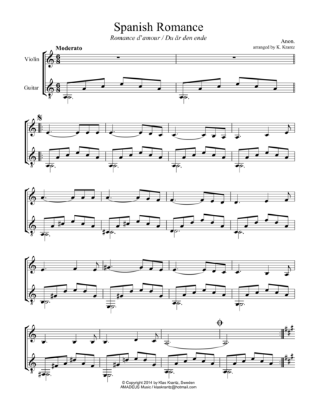 Spanish Romance Romanza For Violin And Easy Guitar A Minor Sheet Music