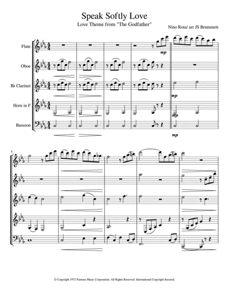 Speak Softly Love Theme From The Godfather For Woodwind Quintet Sheet Music